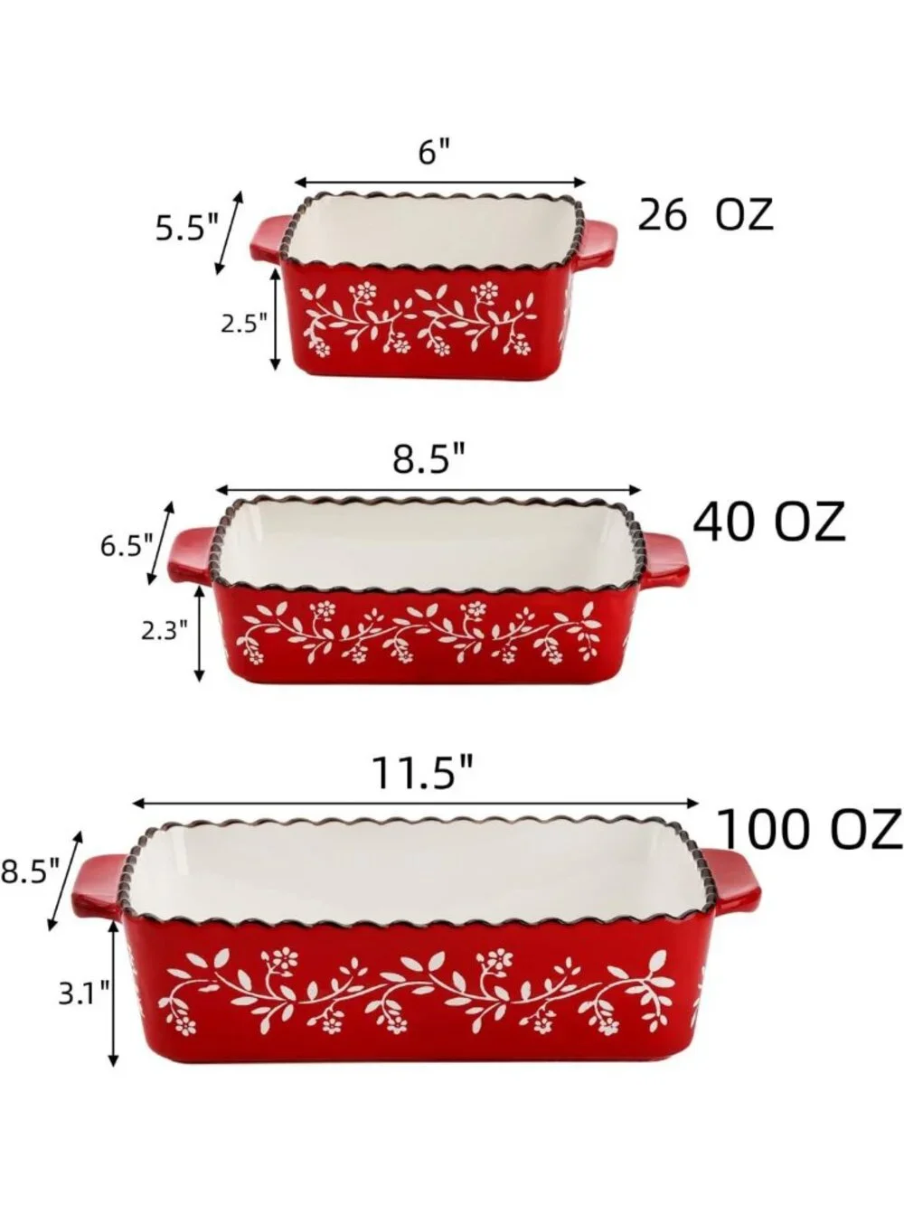 Ceramic Bakeware Set - 3 Rectangular Lasagna & Casserole Dishes, Red, 12